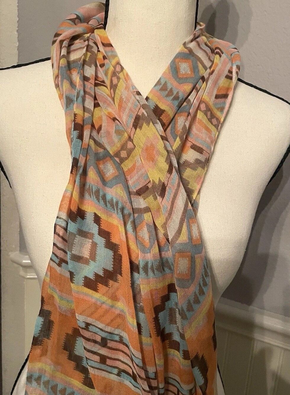 Boho Aztec Tribal Print Lightweight Scarf Shawl Wrap - Multicolor Geometric